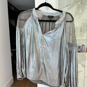 Current air silver/grey longsleeve blouse with lace shoulder panels.